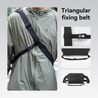 Black triangular fixing belt strap on a person in a green jacket, with close-ups of the buckle, small pouch, and CityWalk large capacity waterproof messenger bag with YKK zipper.
