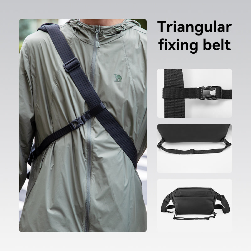 Black triangular fixing belt strap on a person in a green jacket, with close-ups of the buckle, small pouch, and CityWalk large capacity waterproof messenger bag with YKK zipper.