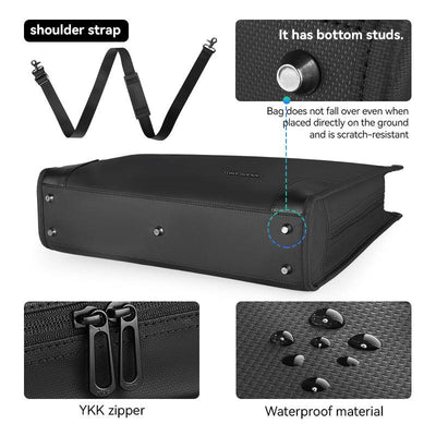 Mark Ryden Classic II black business crossbody briefcase with shoulder strap, studs, YKK zipper & waterproof material - 15.6"" computer bag