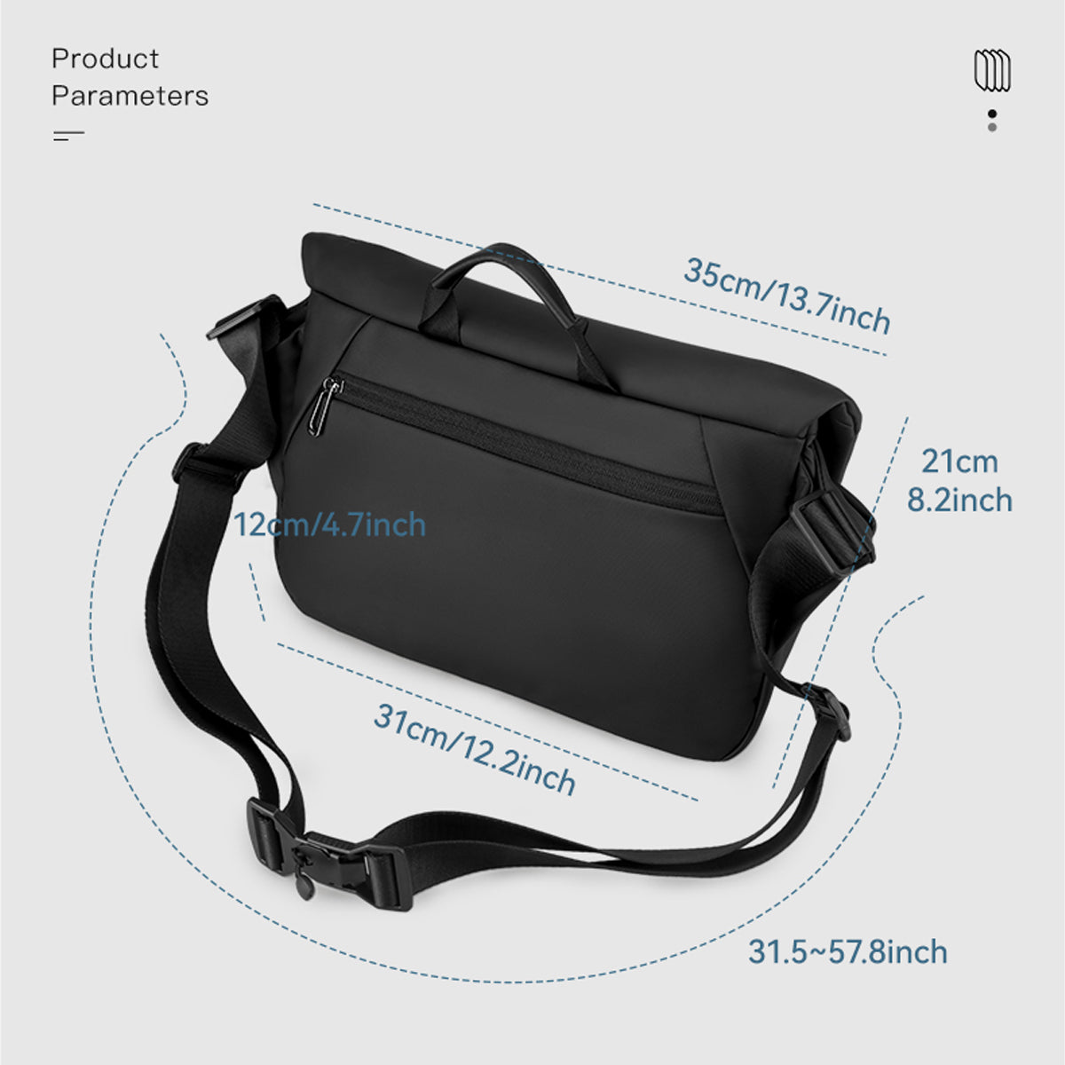 Black TravelProPack backpack with adjustable strap, front zip pocket, product dimensions shown - MARK RYDEN Global