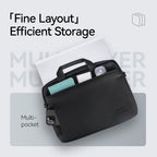 Black MarkRyden Tech Commuter Computer Briefcase 14/15.6 inch with multi-pocket design, holding laptop, mouse, notebook, and phone for efficient storage.