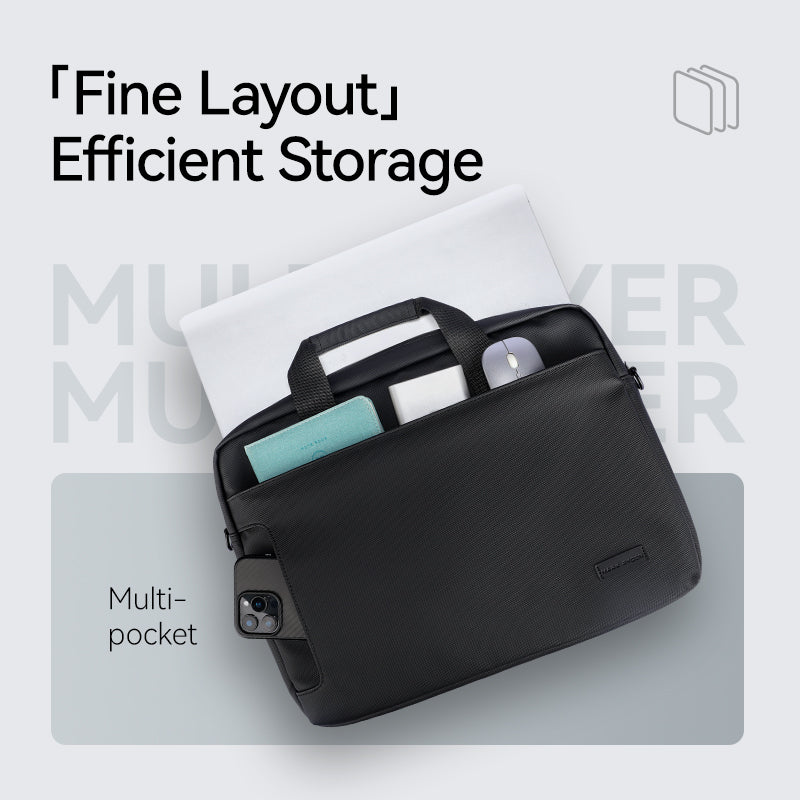 Black MarkRyden Tech Commuter Computer Briefcase 14/15.6 inch with multi-pocket design, holding laptop, mouse, notebook, and phone for efficient storage.