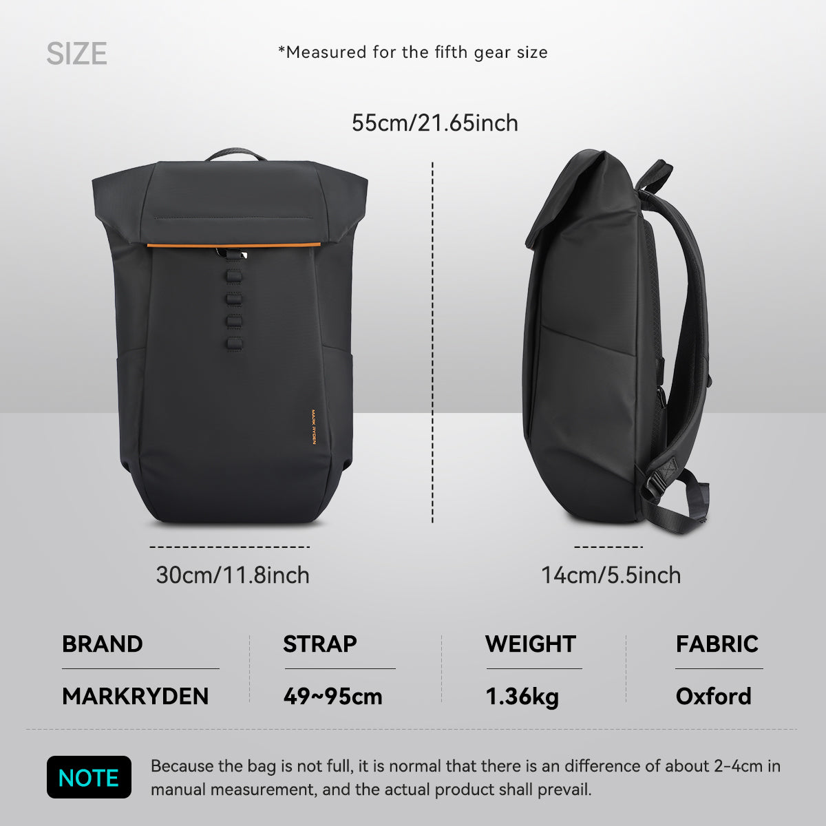 Markryden black 180° closure 28L anti-theft travel backpack with size details