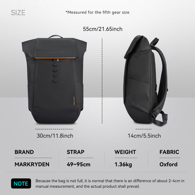 Markryden black 180° closure 28L anti-theft travel backpack with size details