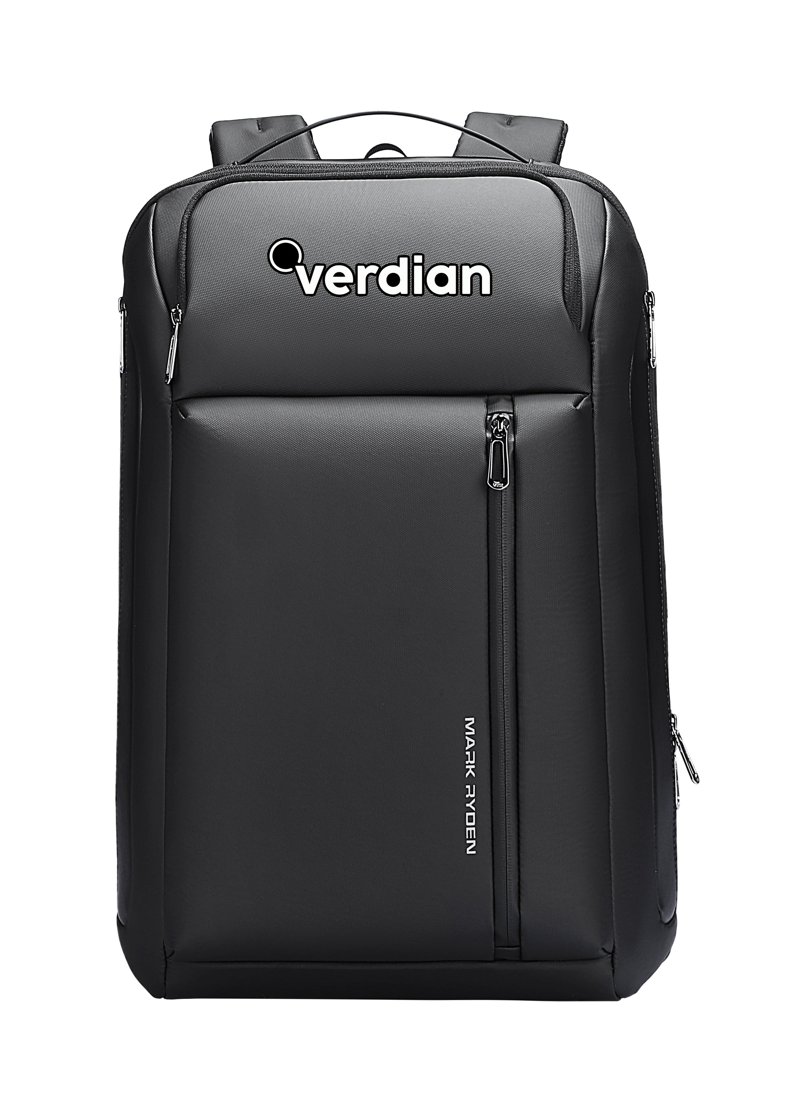 Black Mark Ryden custom backpack with verdian logo and zippered compartments