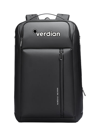 Black Mark Ryden custom backpack with verdian logo and zippered compartments