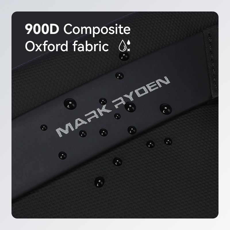 Close-up of Mark Ryden EasePack Sling bag's black 900D Composite Oxford fabric with water-resistant droplets.