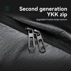 Close-up of Mark Ryden Global Large Capacity Backpack featuring second generation YKK zippers with upgraded frosted stripe texture on durable, textured fabric.