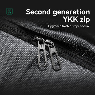 Close-up of Mark Ryden Global Large Capacity Backpack featuring second generation YKK zippers with upgraded frosted stripe texture on durable, textured fabric.