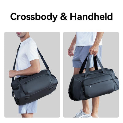 Dark gray JourneyFlex mega handbag displayed in crossbody and handheld styles, showcasing versatile carrying options for modern travelers.