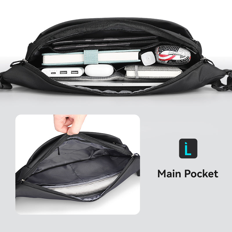 Waterproof scratch-resistant black crossbody bag with organized interior, MarkRyden Global