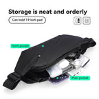 MarkRyden Global black anti-theft crossbody bag with labeled pockets holding tech accessories