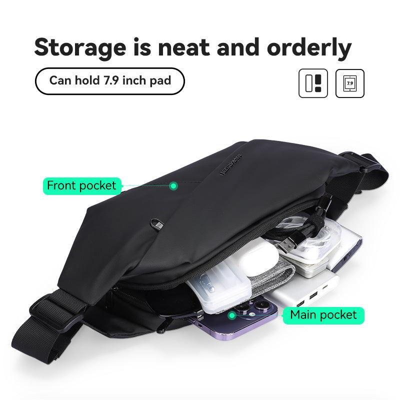 MarkRyden Global black anti-theft crossbody bag with labeled pockets holding tech accessories