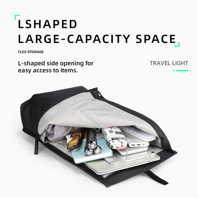Mark Ryden Global leather casual multilayer storage backpack with L-shaped opening, holding travel gear
