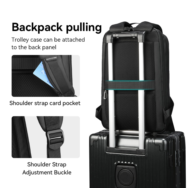 Modern traveler Mark Ryden black futuristic backpack with trolley attachment