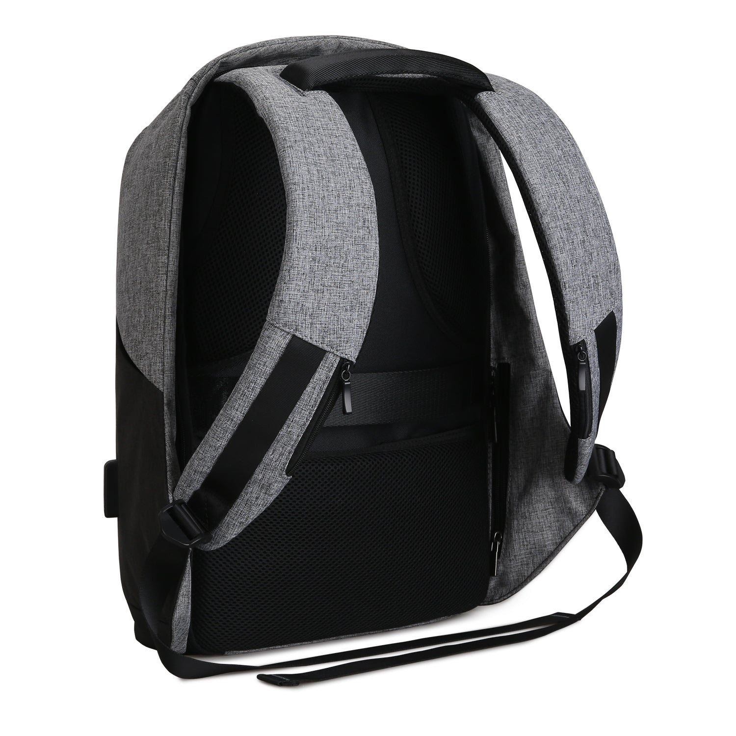 Mocchasio anti-theft backpack in gray and black with padded straps, breathable mesh back panel, and USB charging port for secure, modern travel.