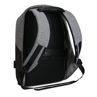 Mocchasio anti-theft backpack in gray and black with padded straps, breathable mesh back panel, and USB charging port for secure, modern travel.