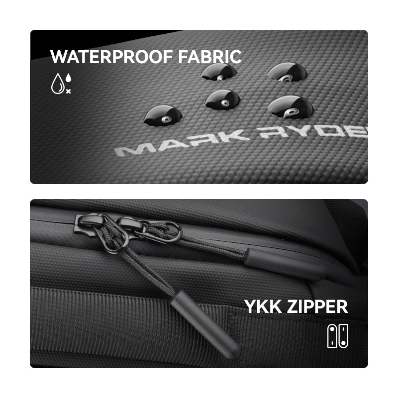 Waterproof fabric with water droplets, YKK zipper detail - Mark Ryden messenger bag