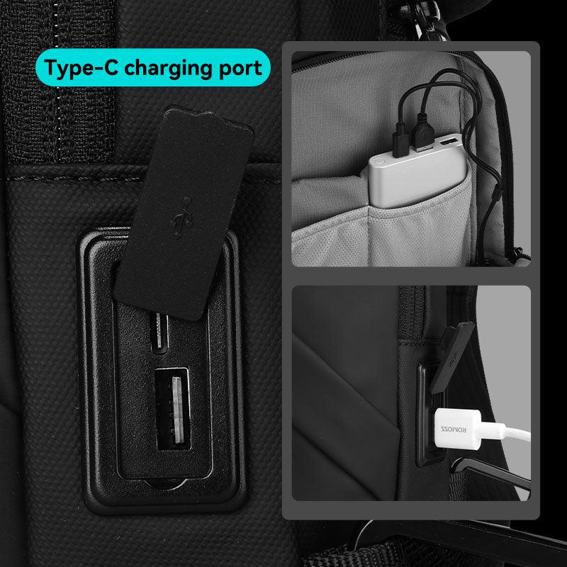 Black waterproof simple clean crossbody bag with Type-C charging port
