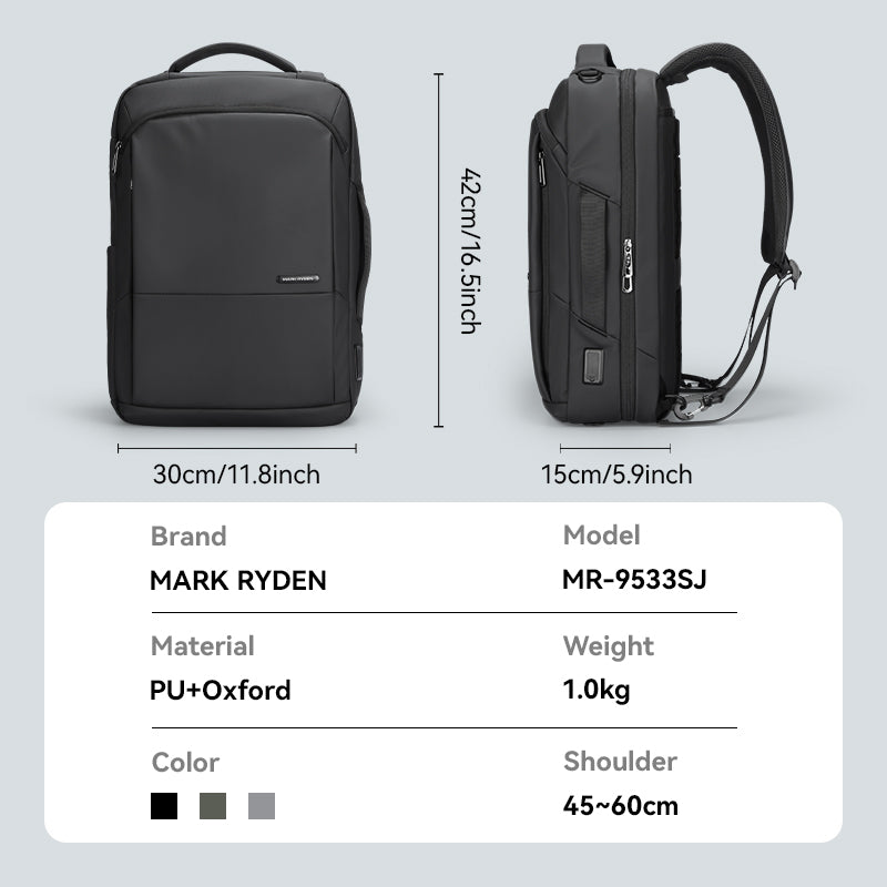 Mark Ryden Squero III multi-switch daily backpack, black PU+Oxford material, 42x30cm capacity model