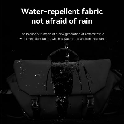 Black TravelProPack backpack with water-repellent Oxford fabric, showing water beading and running off to demonstrate waterproof and dirt-resistant properties.
