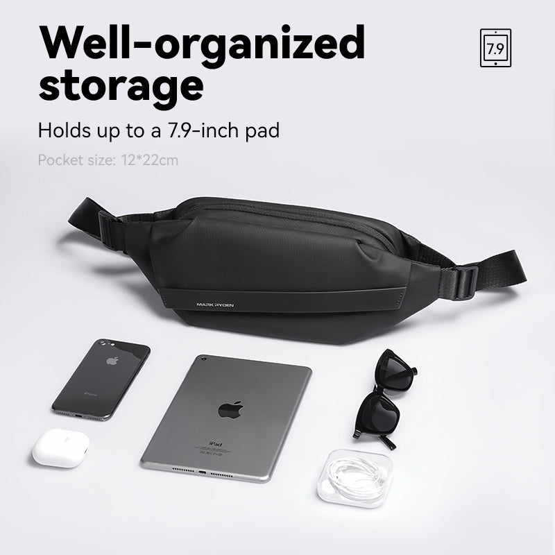 Mark Ryden black oxford waterproof crossbody bag holds devices elegantly lightweight