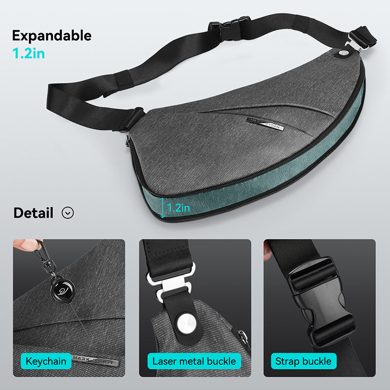 Mark Ryden Global chest bag - dark gray with teal trim, expandable 1.2in, anti-theft features
