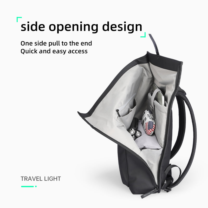 Mark Ryden Global black leather casual multilayer storage backpack with side opening design