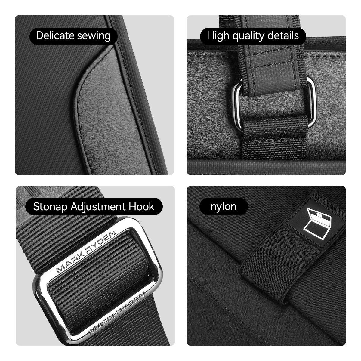 Mark Ryden Classic II black business briefcase featuring delicate sewing, metal buckle, nylon strap & brand details