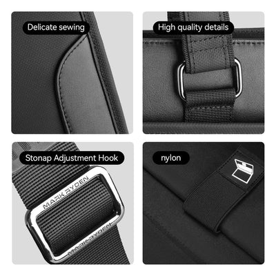 Mark Ryden Classic II black business briefcase featuring delicate sewing, metal buckle, nylon strap & brand details