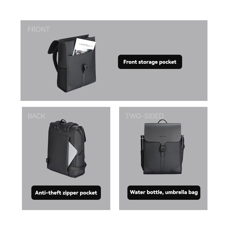 MUKE I black oxford backpack with front storage, anti-theft zipper, Mark Ryden Global