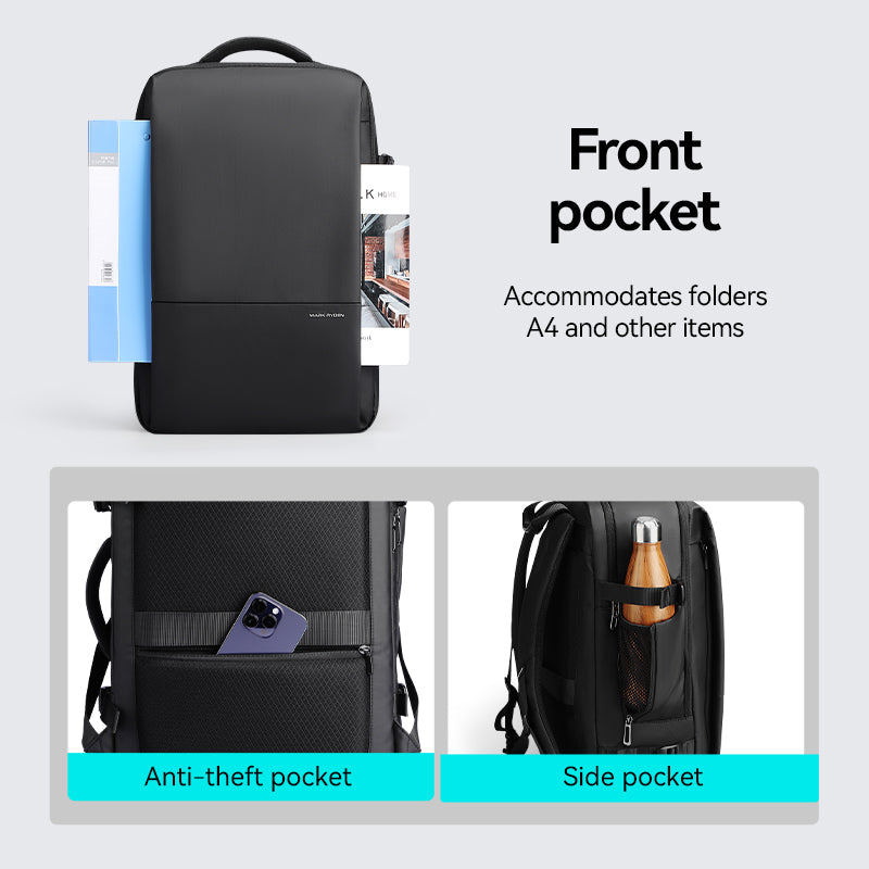 Black anti-theft travel backpack with front pocket, anti-theft & side pockets | Mark Ryden Global