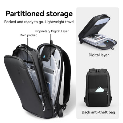 Mark Ryden Global's black minimalist anti-theft backpack with partitioned storage