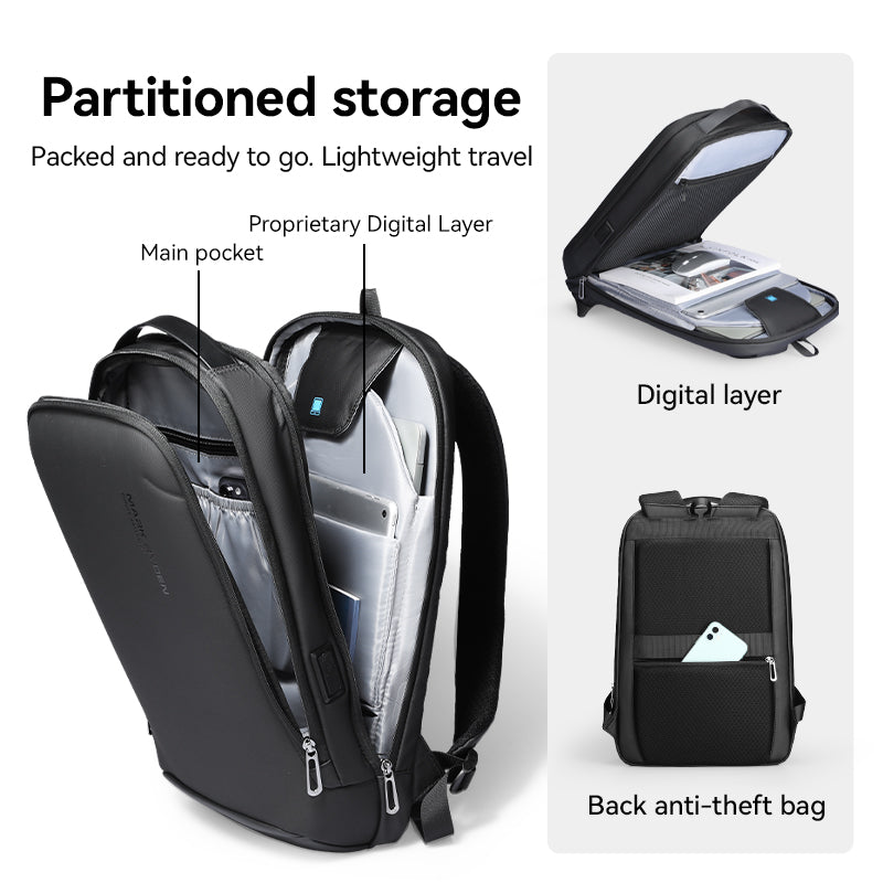 Mark Ryden Global's black minimalist anti-theft backpack with partitioned storage