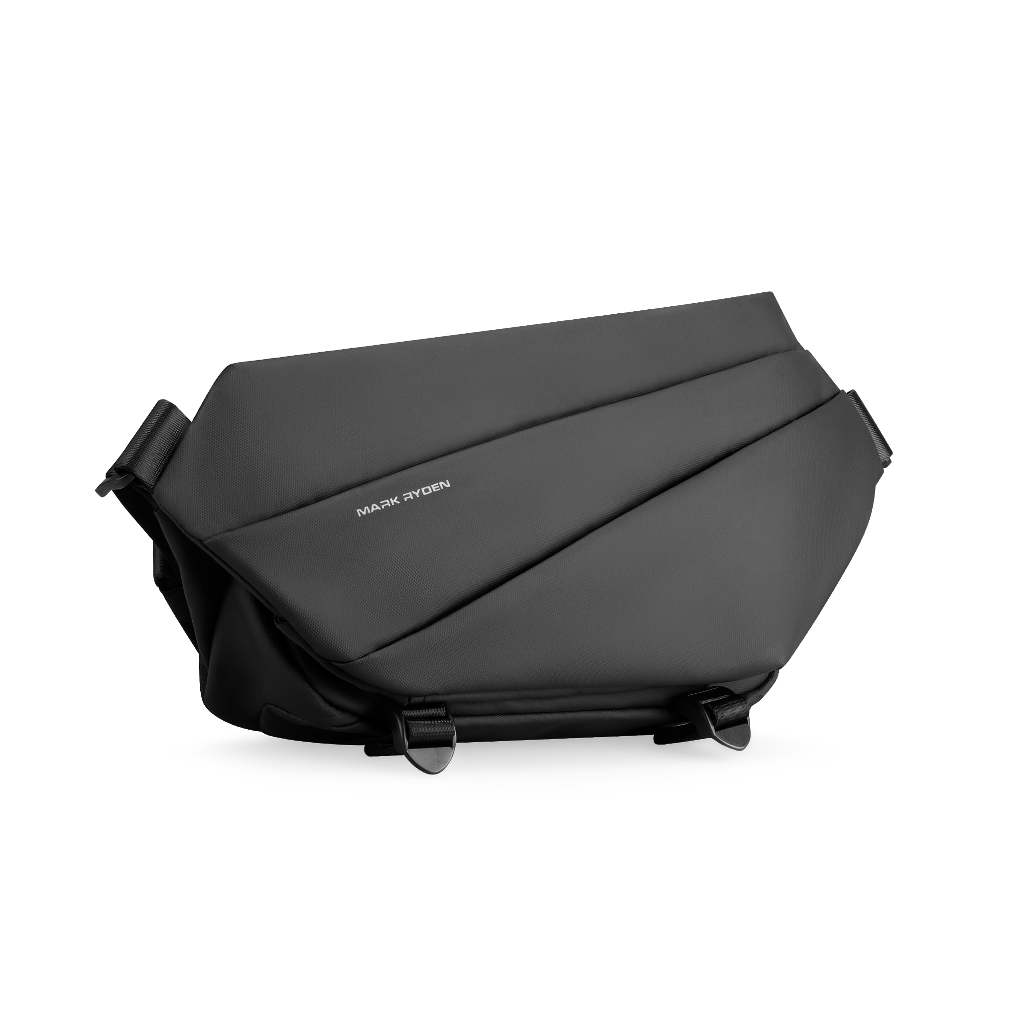 Dark gray leather Mark Ryden Voyager messenger bag with geometric panel design and umbrella pocket, featuring adjustable straps and buckle closures.