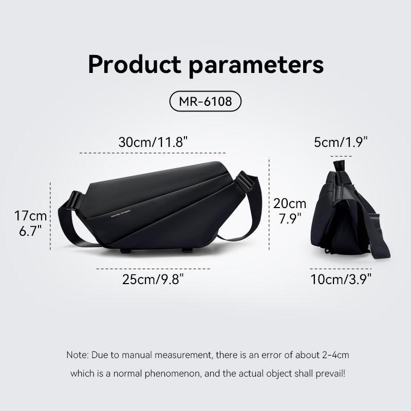 Mark Ryden Voyager black leather messenger bag with dimensions shown