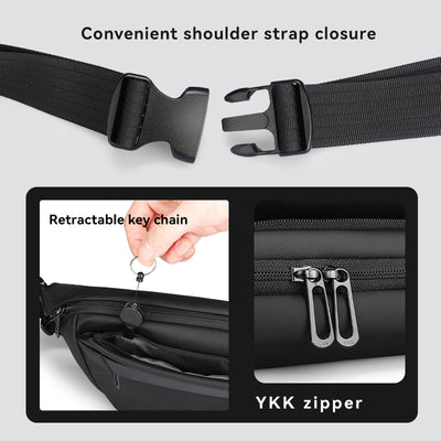 Mark Ryden Global black waterproof crossbody bag with shoulder strap closure, retractable key chain, and YKK zipper