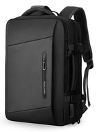 Black and gray Mark Ryden Expandos expandable laptop backpack with zippered front pocket, padded straps, and durable fabric for all-day travel.