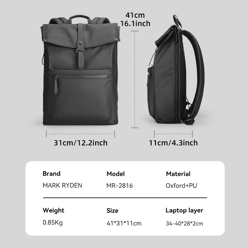 Trendy dark gray Mark Ryden leather casual multilayer storage backpack (model MR-2816) with front and side views, dimensions 41x31x11cm.