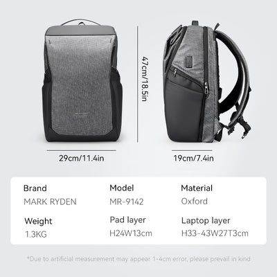 Mark Ryden large capacity backpack in gray and black Oxford fabric, featuring laptop and pad layers, dimensions 29cm x 47cm x 19cm, model MR-9142, ideal for daily use.