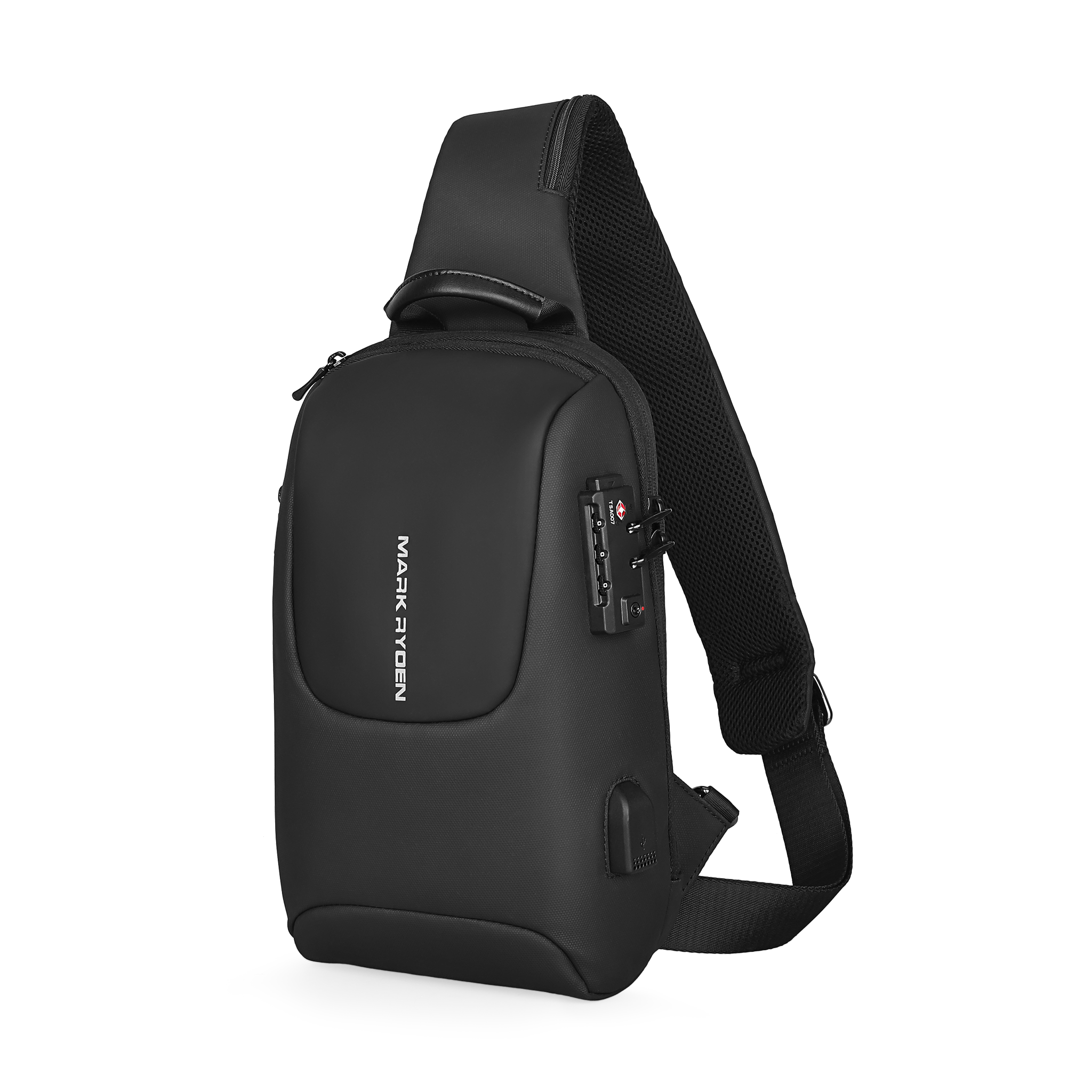 Black Mark Ryden Mini Bastion Anti-Theft Crossbody Bag featuring combination lock, padded strap, and USB charging port.