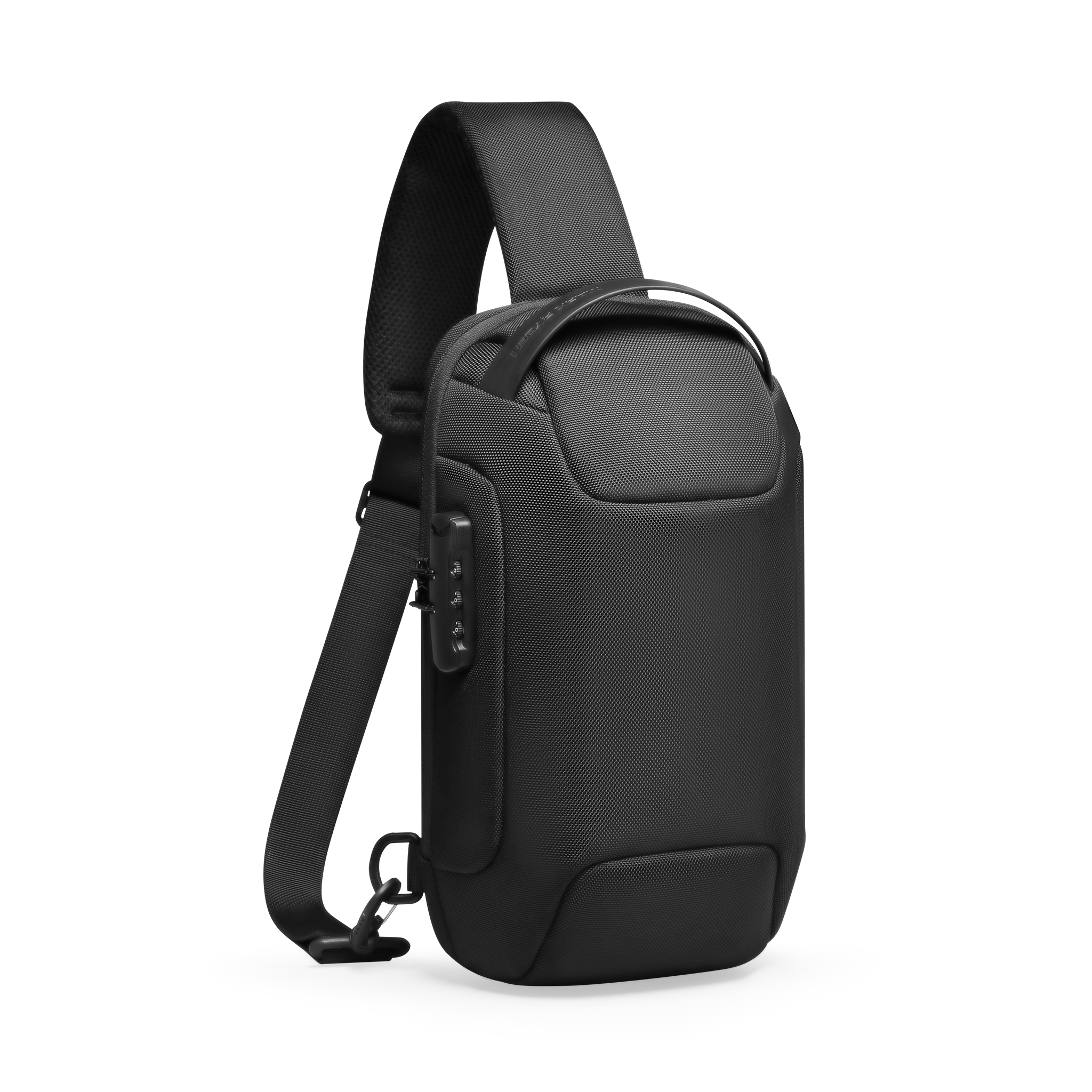 Black ODYSSEY MINI anti-theft waterproof crossbody bag with combination lock, textured fabric, and adjustable strap for business casual style.