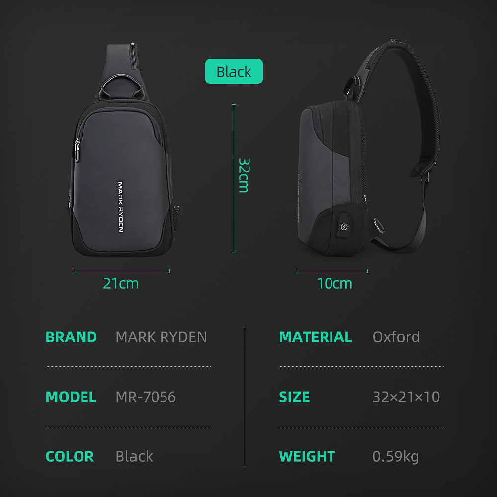 Mini Julius Black Lightweight Crossbody Bag with USB Charging by Mark Ryden, Oxford material, dimensions 32x21x10 cm