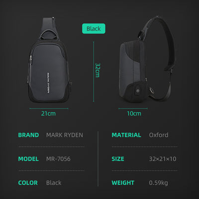 Mini Julius Black Lightweight Crossbody Bag with USB Charging by Mark Ryden, Oxford material, dimensions 32x21x10 cm
