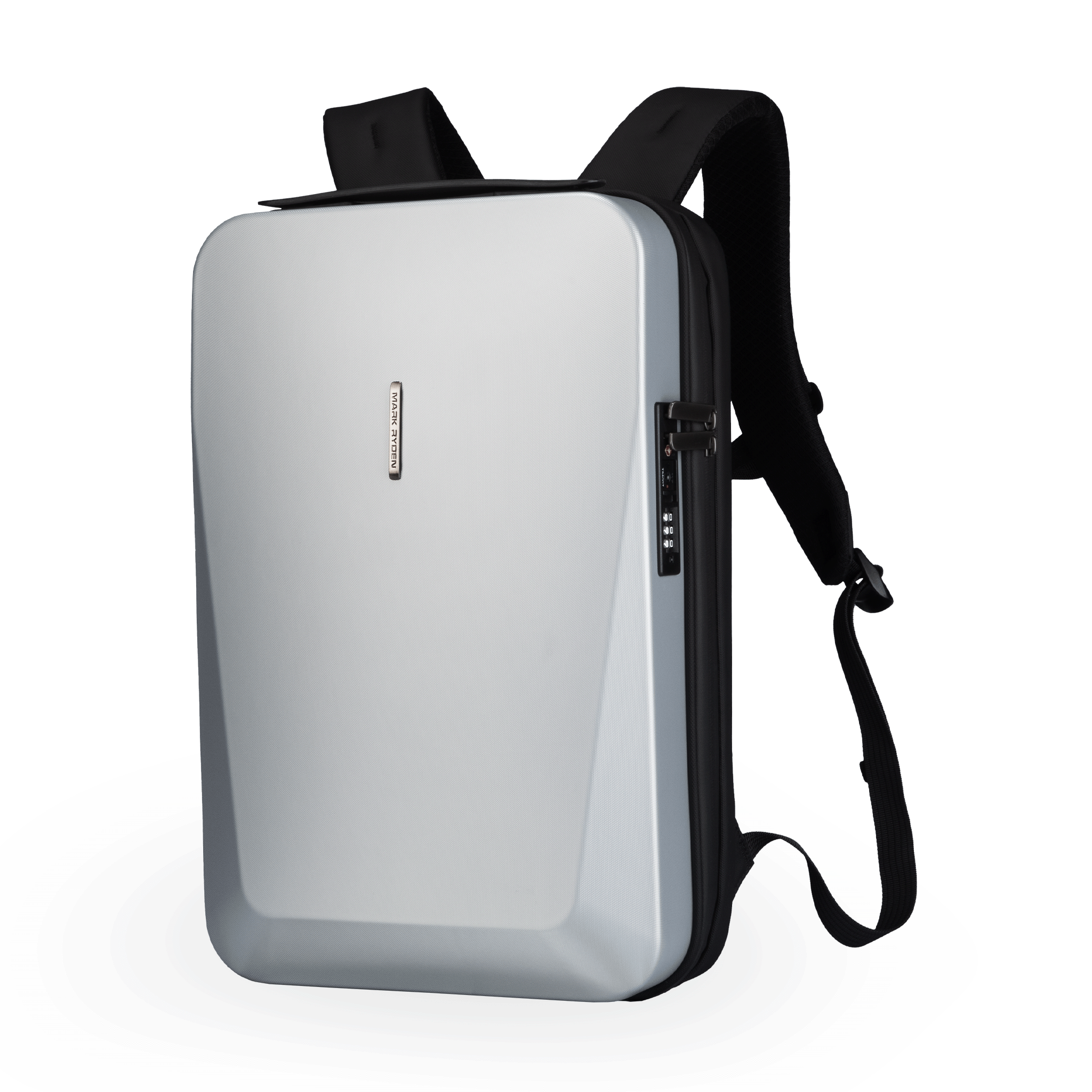 Mark Ryden Global silver waterproof laptop backpack with black straps and combination lock