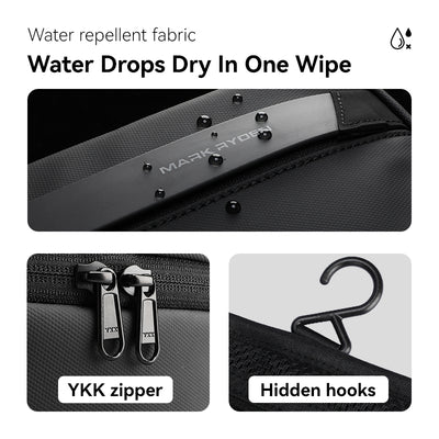 Compact multi-layer paged washbag with water repellent fabric, YKK zippers, and hidden hooks by MARK RYDEN Global