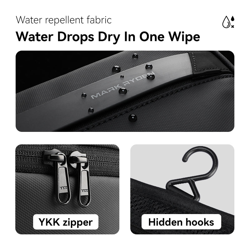 Compact multi-layer paged washbag with water repellent fabric, YKK zippers, and hidden hooks by MARK RYDEN Global