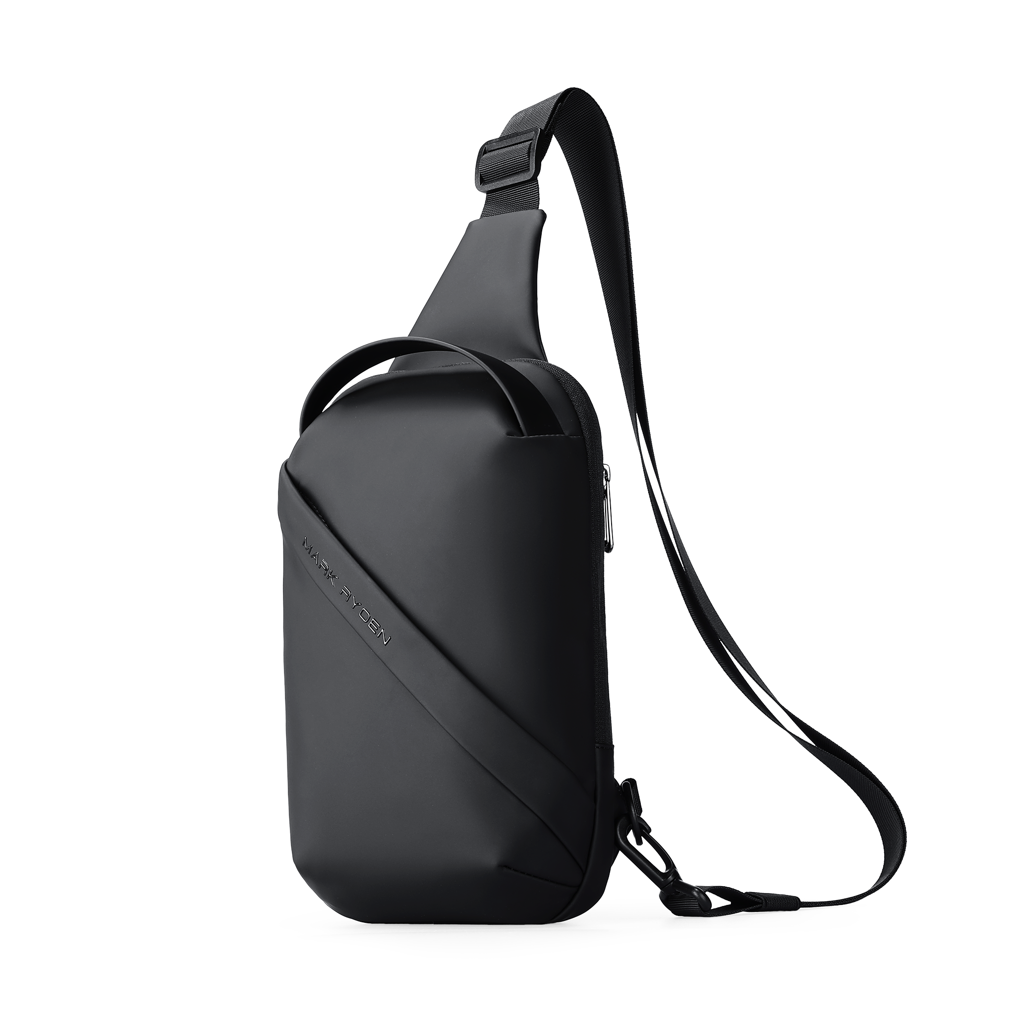 Black waterproof large capacity crossbody bag with sleek design, diagonal stripes, and adjustable shoulder strap by Mark Ryden Global.