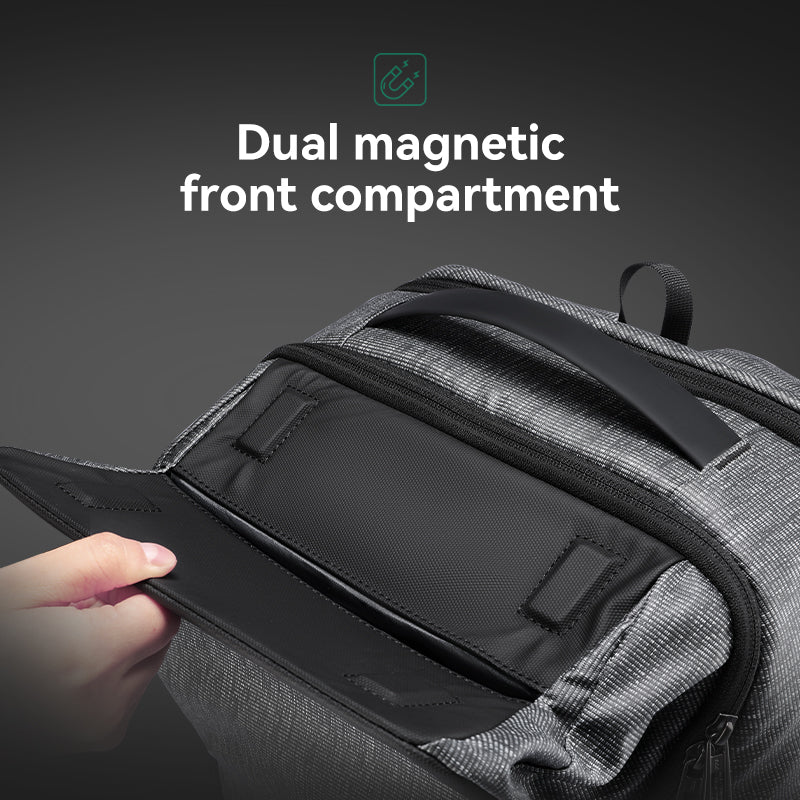 Gray anti-theft backpack with dual magnetic front compartment