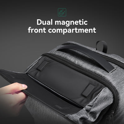 Gray anti-theft backpack with dual magnetic front compartment